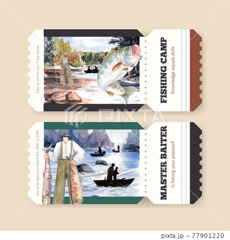 Ticket template with fishing camp concept,watercolor style Ticket template with fishing camp concept,watercolor style 77901220