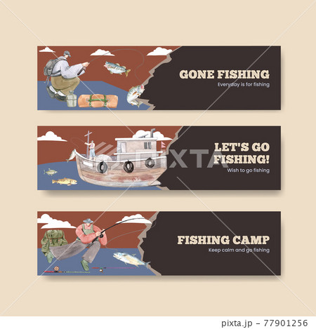 Banner template with fishing camp concept,watercolor style Banner template with fishing camp concept,watercolor style 77901256