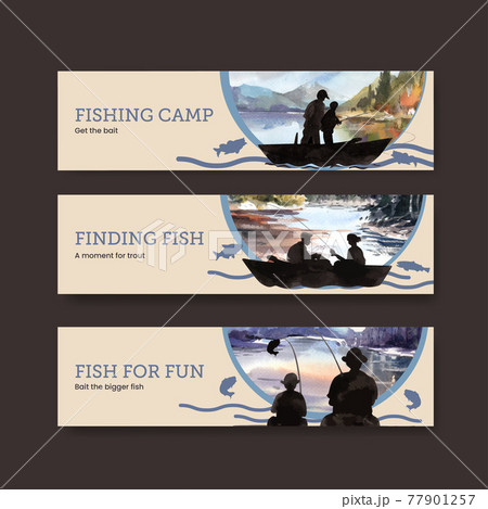 Banner template with fishing camp concept,watercolor style Banner template with fishing camp concept,watercolor style 77901257
