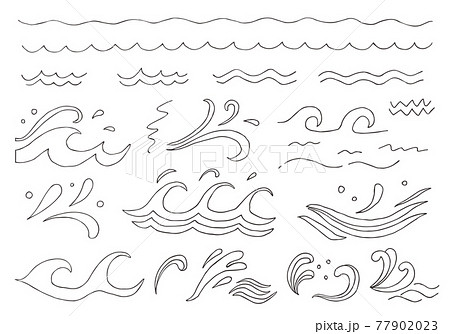 手描きのシンプルな波線 波イラストセット モノクロ のイラスト素材