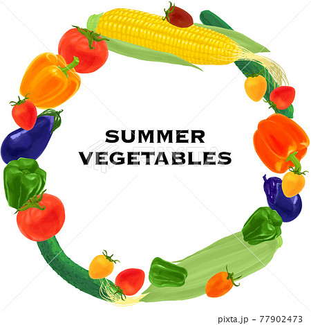新鮮なトマトや茄子 玉蜀黍など夏野菜のベクターイラスト 円形フレームのイラスト素材
