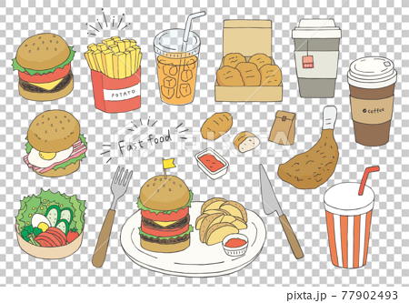 ハンバーガーやポテトなどの手描きイラストセット カラー のイラスト素材