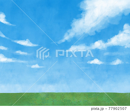 青空 雲 草原 夏 イラスト 手描きのイラスト素材