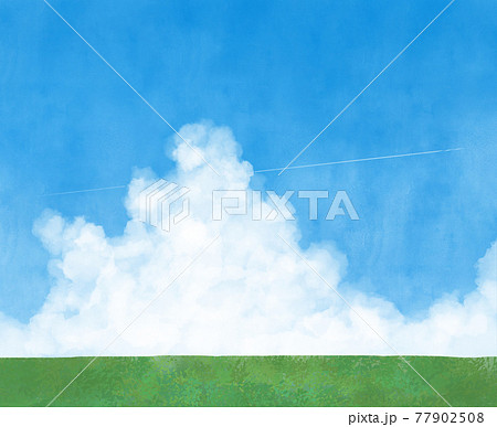 青空 雲 入道雲 草原 夏 イラスト 手描きのイラスト素材