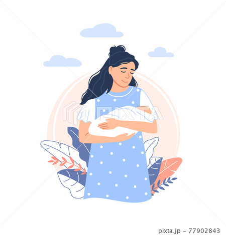 Cartoon young Caucasian mother holds a cute newborn baby in her arms isolated on outdoor natural background. Smiling woman with cute sleeping child Flat childhood illustration for banner design 77902843
