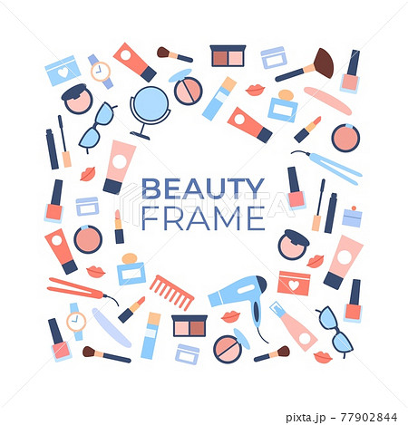 Beauty products background template with blank space. Advertising cosmetic banner. Flat female objects collection moisturizer, container, tube, skin cream bottle mascara. Cosmetics vector illustration 77902844