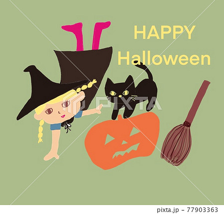 ハロウィンとかぼちゃと魔女の女の子と黒猫のイラスト素材