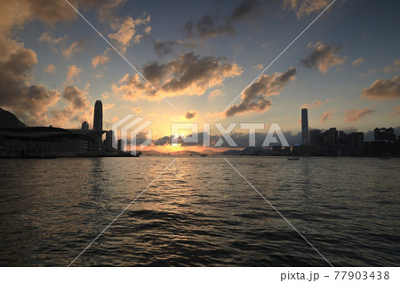the sunset of Victoria Harbour Gateway of Skyline of Hong Kong 15 May 2021 the sunset of Victoria Harbour Gateway of Skyline of Hong Kong 15 May 2021 77903438