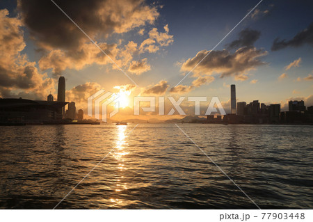 the sunset of Victoria Harbour Gateway of Skyline of Hong Kong 15 May 2021 the sunset of Victoria Harbour Gateway of Skyline of Hong Kong 15 May 2021 77903448