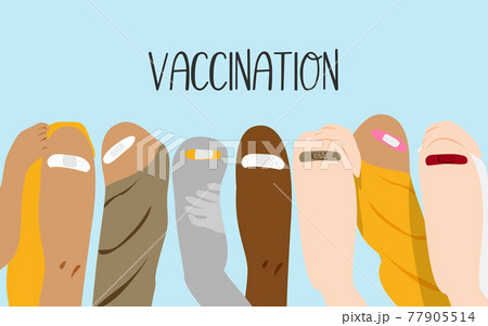 People received a vaccine with a bandage on the upper arm. Immunization, covid vaccine. Vector illustration People received a vaccine with a bandage on the upper arm. Immunization, covid vaccine. Vector illustration 77905514