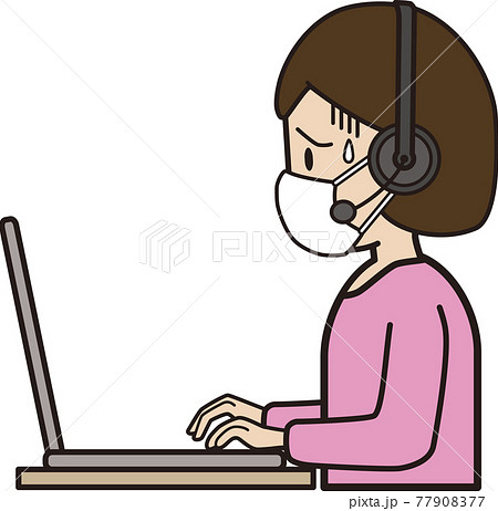 パソコン入力をしながら電話応対をする代 30代女性 コールセンター マスク 困り顔 横顔のイラスト素材