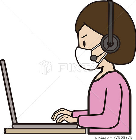パソコン入力をしながら電話応対をする代 30代女性 コールセンター マスク 怒り顔 横顔のイラスト素材