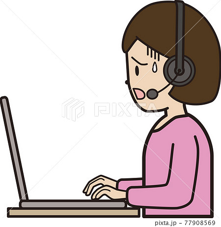 パソコン入力をしながら電話応対をする代から30代女性 コールセンター 困り顔 横顔のイラスト素材