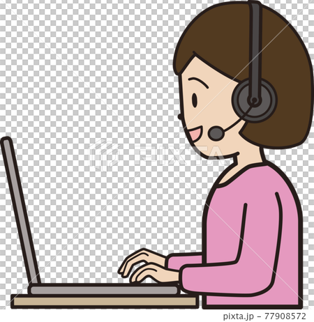 パソコン入力をしながら電話応対をする代から30代女性 コールセンター 笑顔 横顔のイラスト素材