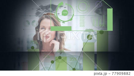 Composition of screens with data procesing and statistics over businesswoman and world map 77909882