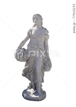 Stone sculpture of woman holding baskets with grapes on white background Stone sculpture of woman holding baskets with grapes on white background 77910255