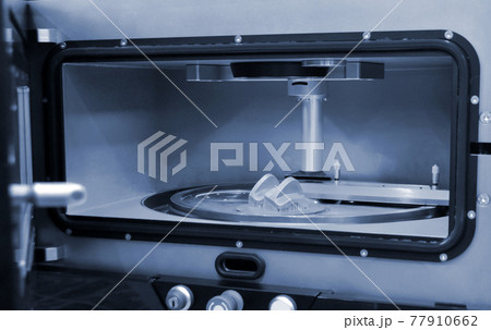 Object printed from metal powder on metal 3d printer, working chamber. 77910662