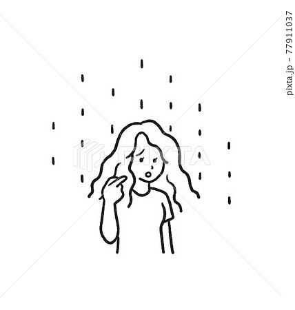 湿気で髪がうねる女性の線画イラストのイラスト素材