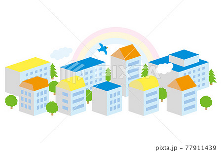 虹のかかる街 屋根3色 のイラスト素材