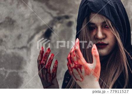 Portrait monster woman ghost and hand have red blood 77911527