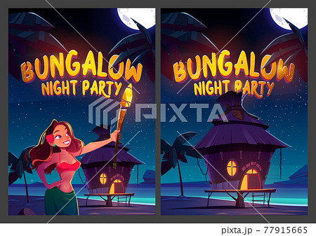 Bungalow night party cartoon posters, young woman 77915665