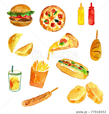 ピザやハンバーガー 手描きイラストセットのイラスト素材
