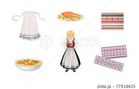 Norway Attributes with Girl Dressed in Ethnic Costume and Salmon Dish Vector Set Norway Attributes with Girl Dressed in Ethnic Costume and Salmon Dish Vector Set 77918625