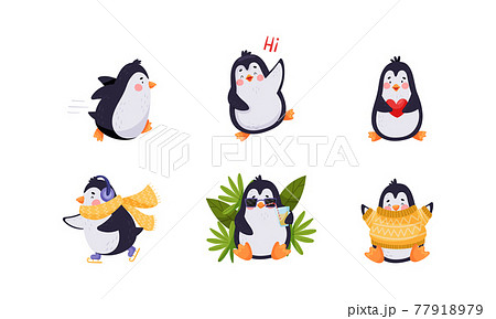Cute Penguin Greeting, Ice Skating, Running and Drinking Cocktail Vector Illustration Set Cute Penguin Greeting, Ice Skating, Running and Drinking Cocktail Vector Illustration Set 77918979