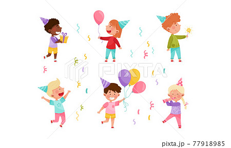 Kid Characters in Birthday Hat at Party Holding Gift Box and Balloons Vector Illustration Set 77918985