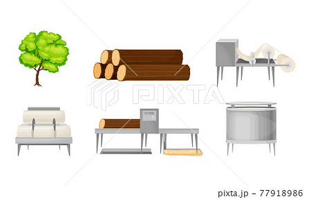 Paper Production with Lumber Cutting and Crushing into Wood Dust Vector Set 77918986