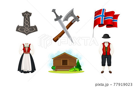 Norway Attributes with Flag on Pole and National Ethnic Clothing Vector Set 77919023