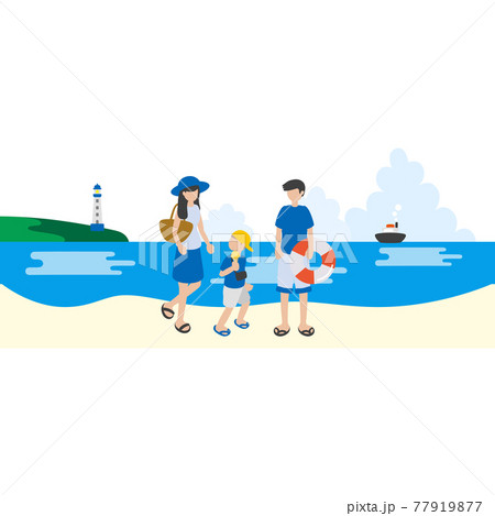 夏の浜辺で遊ぶ家族のイラストのイラスト素材