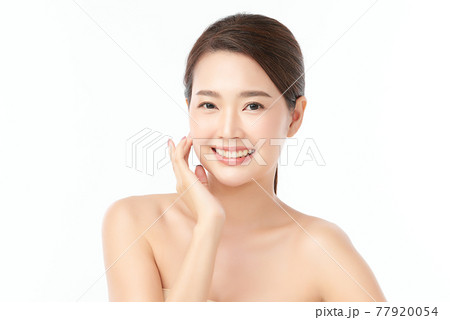 Beautiful young asian woman with clean fresh skin on white background, Face care, Facial treatment, 77920054