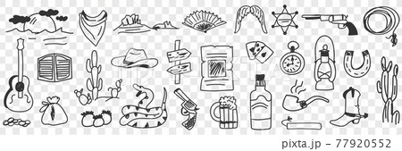 Traditional cowboy symbols doodle set 77920552