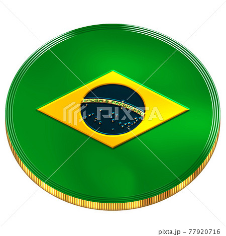3DCGで作成したメタル(金属)調のブラジル連邦共和国の国旗をデザインした金メダル 77920716