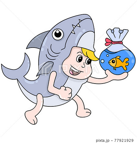 The boy in the shark costume is carrying a plastic bag filled with gold fish, doodle icon image kawaii 77921929
