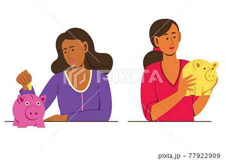 Two Women Save Money with Pig Money Saving Pot. 77922909