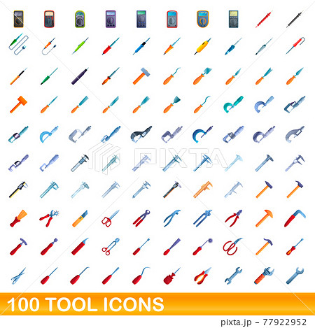 100 tool icons set, cartoon style 77922952