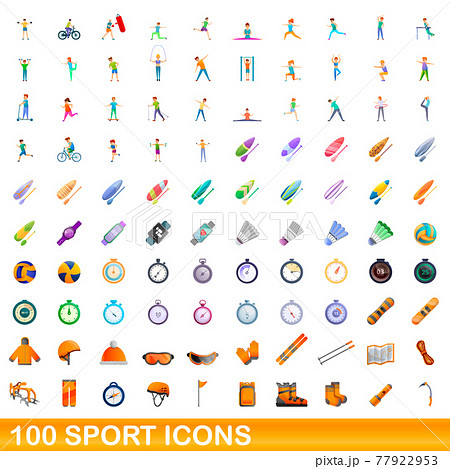 100 sport icons set, cartoon style 77922953