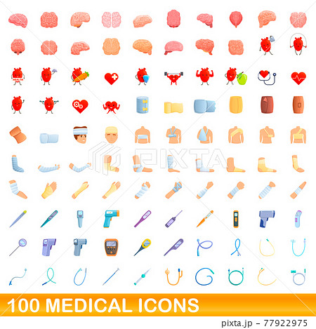 100 medical icons set, cartoon style 77922975