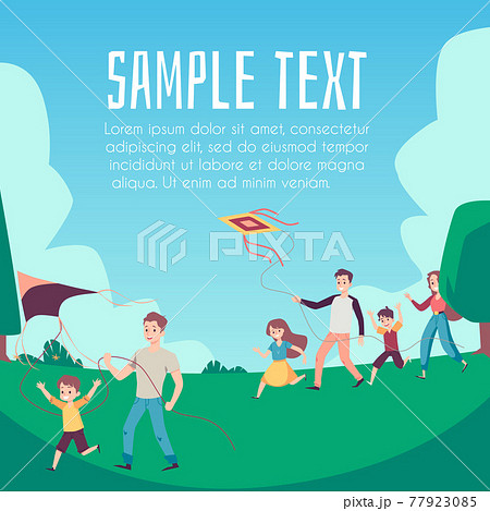 Banner with family flying a kite and copy space, flat vector illustration. Banner with family flying a kite and copy space, flat vector illustration. 77923085