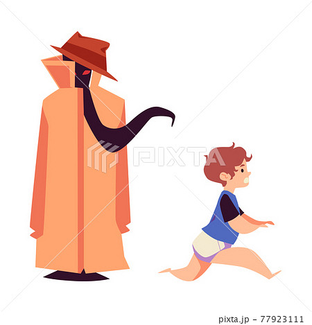 Child runs away in fear from an imaginary monster, vector illustration isolated. 77923111