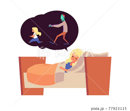 Little girl has bad scary dream or nightmare, flat vector illustration isolated. 77923115