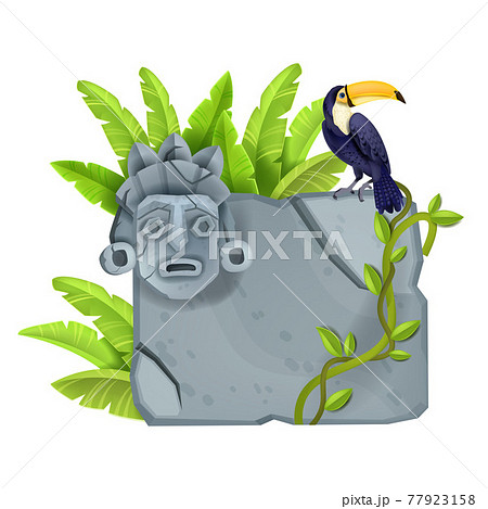 Stone sign board, vector cartoon game rock design element, cracked granite tablet, toucan 77923158
