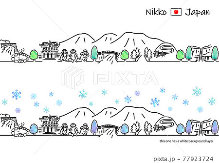 冬の日光の街並みのシンプル線画セットのイラスト素材