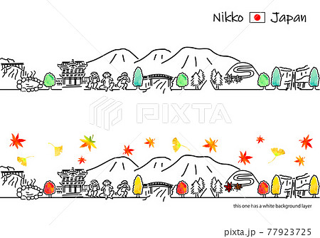 秋の日光の街並みのシンプル線画セット 77923725