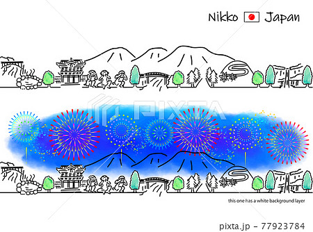 日光の街並みと花火のシンプル線画セットのイラスト素材