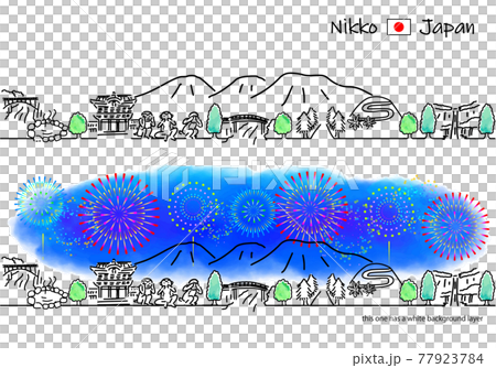 日光の街並みと花火のシンプル線画セット 77923784
