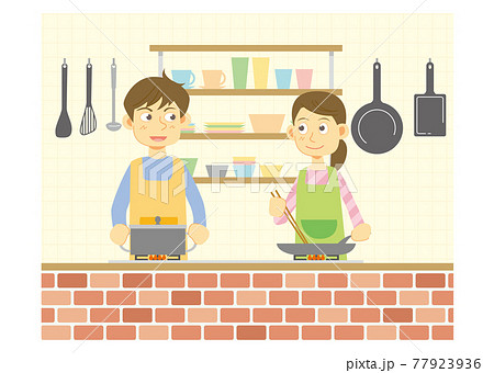 キッチンで料理を作る男女 背景ありのイラスト素材
