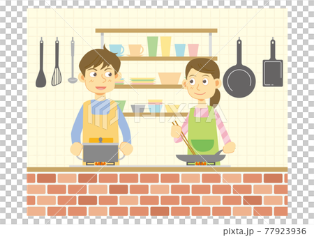 在有背景的廚房裡做飯的男人和女人 在有背景的廚房裡做飯的男人和女人 77923936